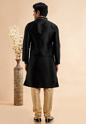 Embroidered Art Silk Jacquard Kurta Set in Black