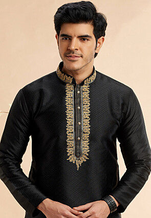 Embroidered Art Silk Jacquard Kurta Set in Black