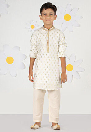 Embroidered Art Silk Jacquard Kurta Set in Cream