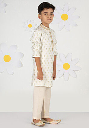 Embroidered Art Silk Jacquard Kurta Set in Cream