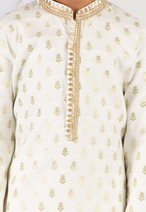 Embroidered Art Silk Jacquard Kurta Set in Cream
