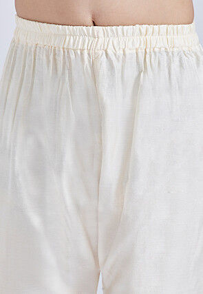 Embroidered Art Silk Jacquard Kurta Set in Cream