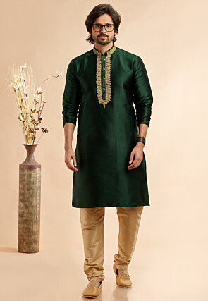 Embroidered Art Silk Jacquard Kurta Set in Dark Green