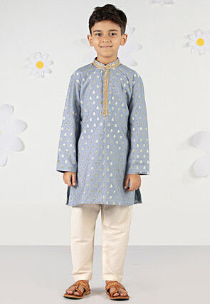 Embroidered Art Silk Jacquard Kurta Set in Dusty Blue
