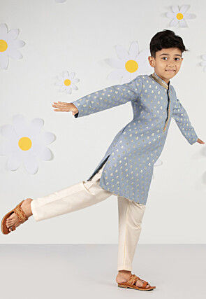 Embroidered Art Silk Jacquard Kurta Set in Dusty Blue