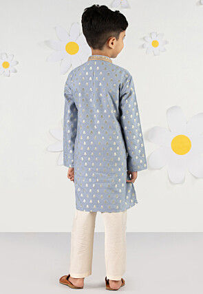 Embroidered Art Silk Jacquard Kurta Set in Dusty Blue