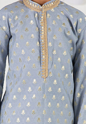 Embroidered Art Silk Jacquard Kurta Set in Dusty Blue
