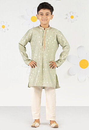 Embroidered Art Silk Jacquard Kurta Set in Light Green