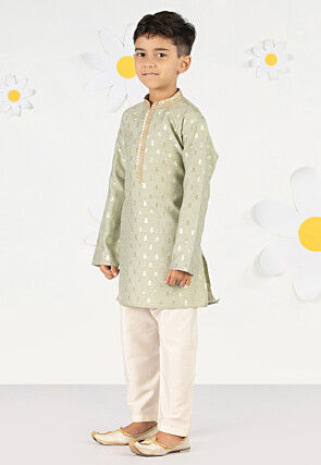 Embroidered Art Silk Jacquard Kurta Set in Light Green