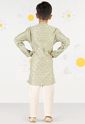Embroidered Art Silk Jacquard Kurta Set in Light Green