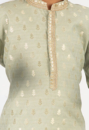 Embroidered Art Silk Jacquard Kurta Set in Light Green