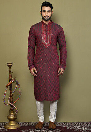 Embroidered Art Silk Jacquard Kurta Set in Maroon