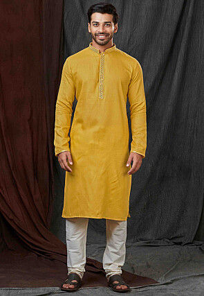 Embroidered Art Silk Jacquard Kurta Set in Mustard