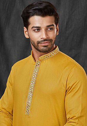 Embroidered Art Silk Jacquard Kurta Set in Mustard