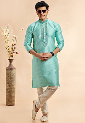 Embroidered Art Silk Jacquard Kurta Set in Sea Green