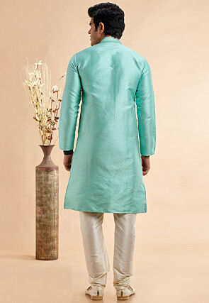 Embroidered Art Silk Jacquard Kurta Set in Sea Green
