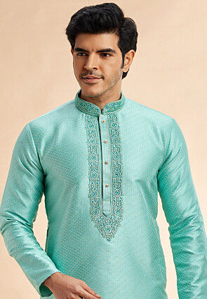 Embroidered Art Silk Jacquard Kurta Set in Sea Green