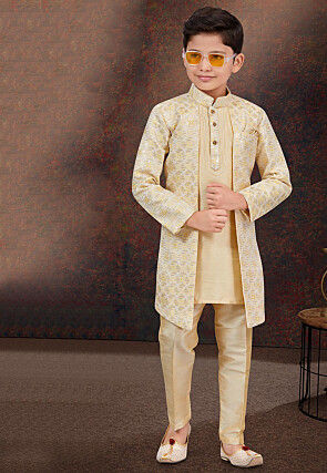Embroidered Art Silk Jacquard Layered Sherwani in Beige and Cream