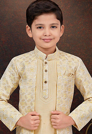 Embroidered Art Silk Jacquard Layered Sherwani in Beige and Cream