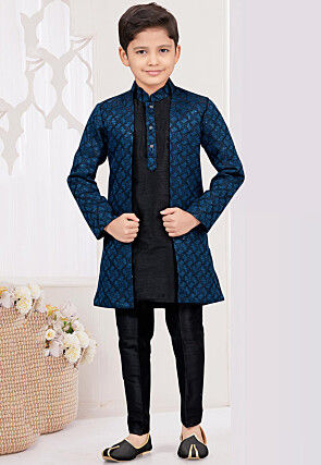 Embroidered Art Silk Jacquard Layered Sherwani in Blue and Black