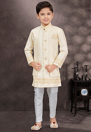 Embroidered Art Silk Jacquard Layered Sherwani in Cream