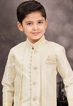 Embroidered Art Silk Jacquard Layered Sherwani in Cream