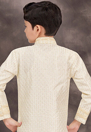 Embroidered Art Silk Jacquard Layered Sherwani in Cream