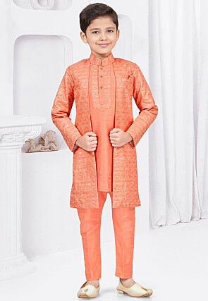 Embroidered Art Silk Jacquard Layered Sherwani in Dark Orange