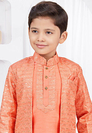Embroidered Art Silk Jacquard Layered Sherwani in Dark Orange