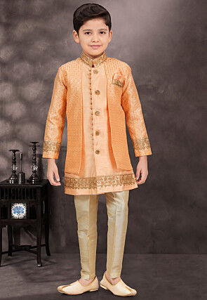Embroidered Art Silk Jacquard Layered Sherwani in Light Orange