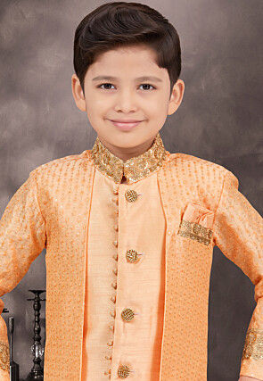Embroidered Art Silk Jacquard Layered Sherwani in Light Orange