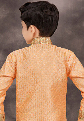 Embroidered Art Silk Jacquard Layered Sherwani in Light Orange