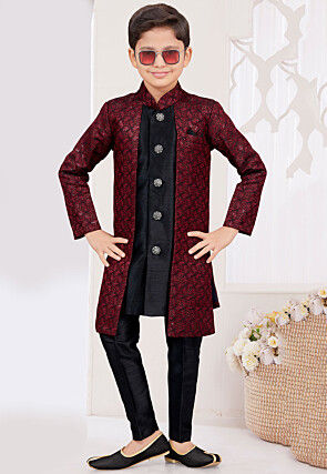 Embroidered Art Silk Jacquard Layered Sherwani in Maroon and Black