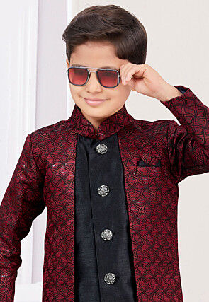 Embroidered Art Silk Jacquard Layered Sherwani in Maroon and Black