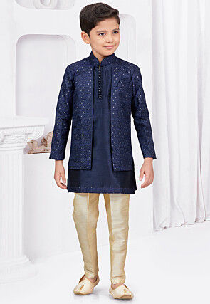 Embroidered Art Silk Jacquard Layered Sherwani in Navy Blue