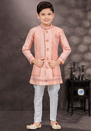 Embroidered Art Silk Jacquard Layered Sherwani in Peach