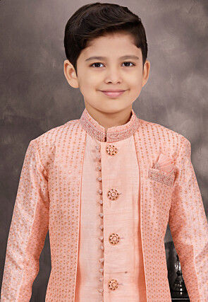 Embroidered Art Silk Jacquard Layered Sherwani in Peach