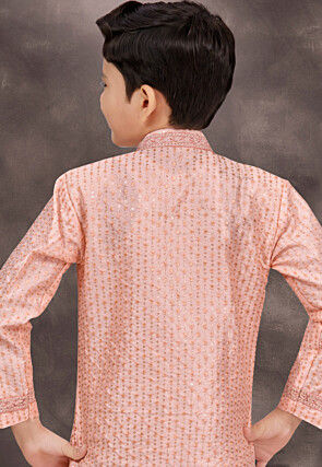 Embroidered Art Silk Jacquard Layered Sherwani in Peach