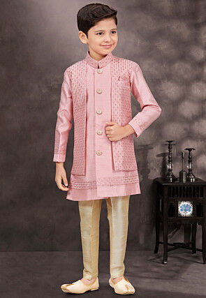 Embroidered Art Silk Jacquard Layered Sherwani in Pink