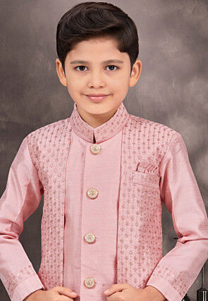 Embroidered Art Silk Jacquard Layered Sherwani in Pink