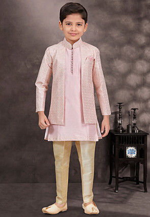 Embroidered Art Silk Jacquard Layered Sherwani in Pink
