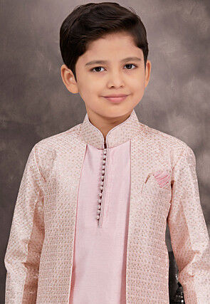 Embroidered Art Silk Jacquard Layered Sherwani in Pink