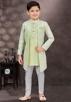 Embroidered Art Silk Jacquard Layered Sherwani in Sea Green