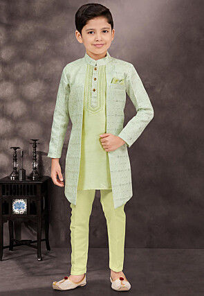 Embroidered Art Silk Jacquard Layered Sherwani in Sea Green