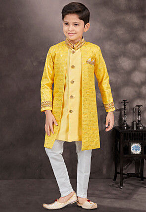 Embroidered Art Silk Jacquard Layered Sherwani in Yellow