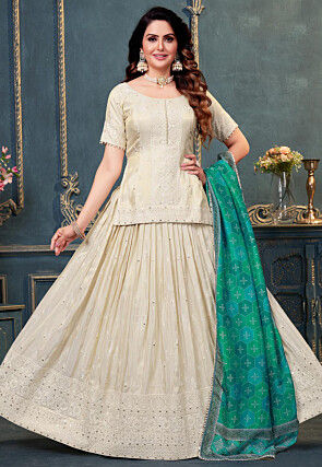 Embroidered Art Silk Jacquard Lehenga Beige