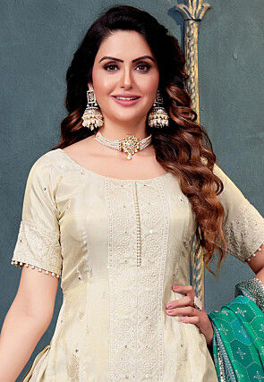 Embroidered Art Silk Jacquard Lehenga Beige