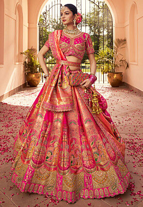 Embroidered Art Silk Jacquard Lehenga in Fuchsia