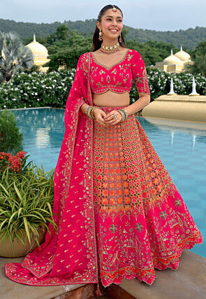 Embroidered Art Silk Jacquard Lehenga in Fuchsia