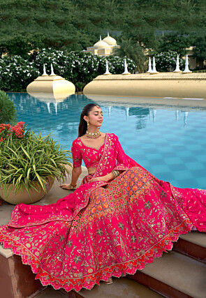 Embroidered Art Silk Jacquard Lehenga in Fuchsia